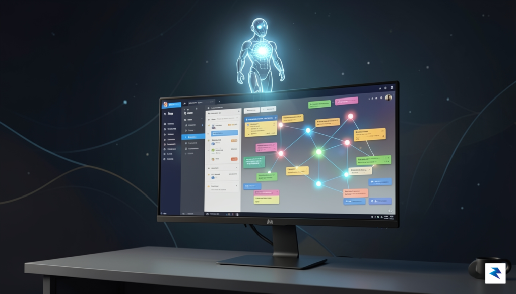 A conceptual digital illustration showing an AI agent icon interacting…