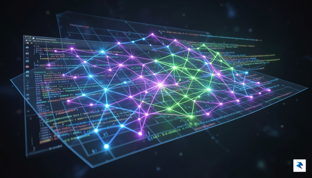 A conceptual digital illustration showing a glowing AI neural network…