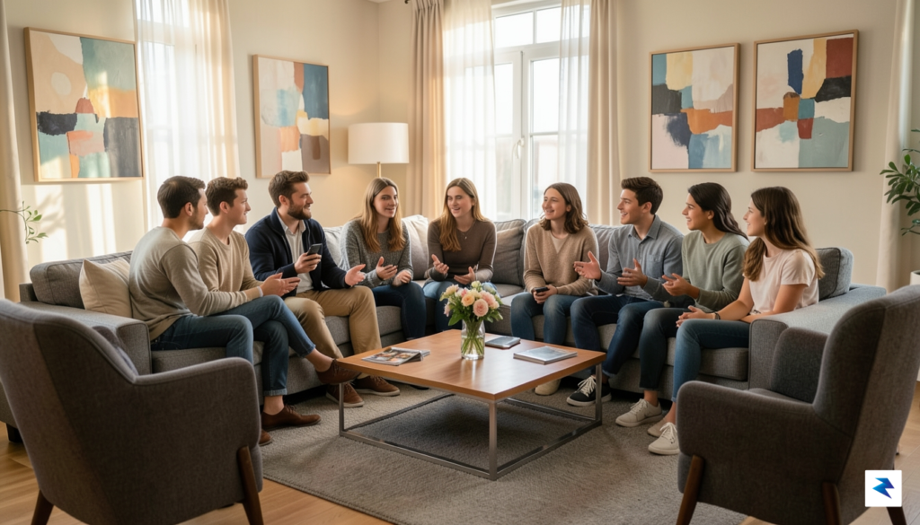 A diverse group of parents and teenagers sitting in a…