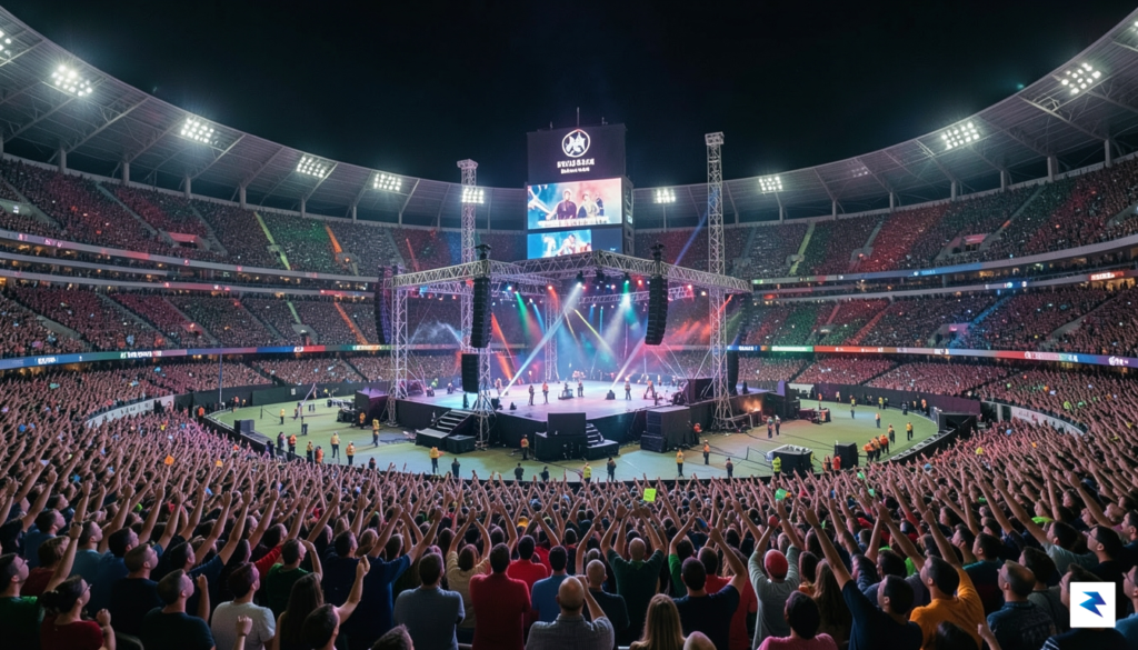 A vibrant, wide-angle shot of a state-of-the-art stadium at night,…