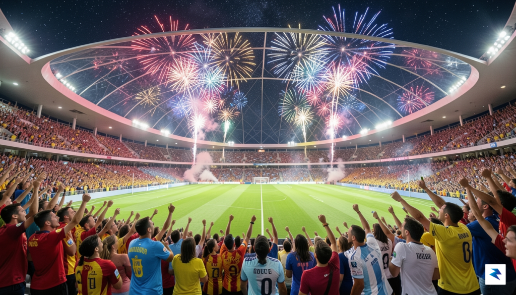 A wide-angle shot of a glowing, futuristic stadium at night…