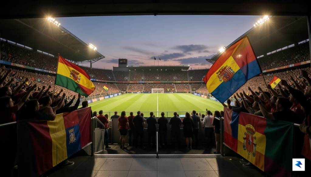 A wide-angle, cinematic shot of a packed, illuminated stadium at…