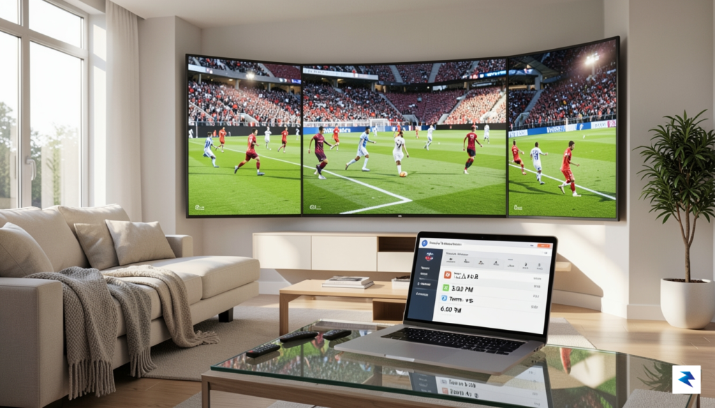 A vibrant, high-definition digital broadcast setup featuring multiple screens showing…
