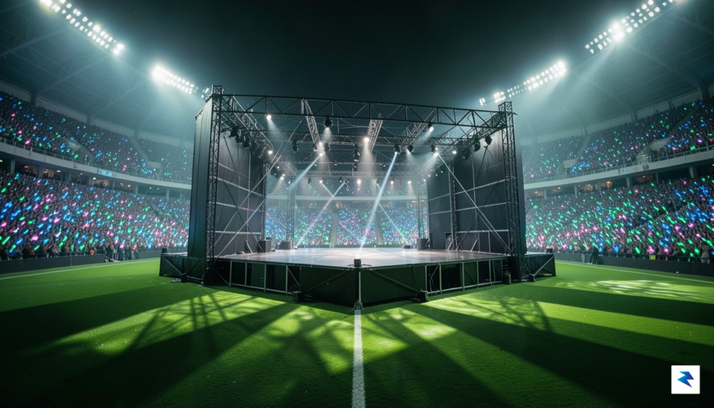 A wide-angle, cinematic shot of a massive, modular stage being…