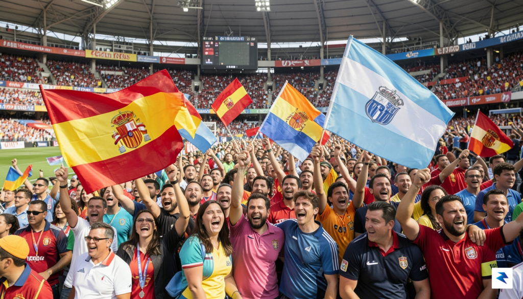 A vibrant, high-energy image of Spanish and Argentinian football fans…