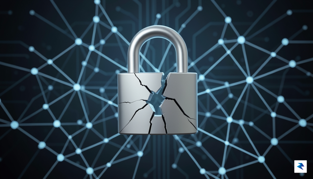 A digital visualization of a cracked padlock icon integrated into&hellip;
