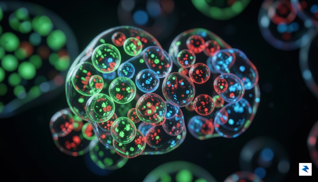 A microscopic, high-resolution scientific visualization showing clusters of developing human…