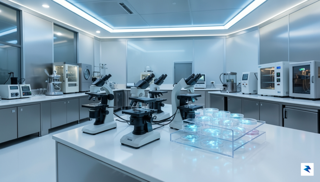 A high-tech, sterile laboratory environment featuring microscopes and petri dishes…