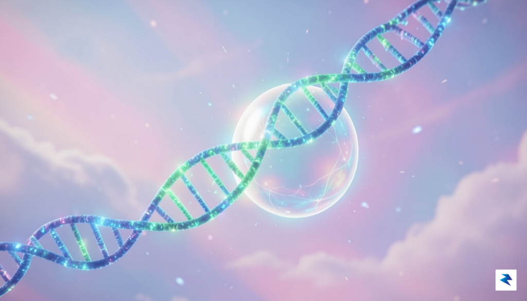 A conceptual digital art piece showing a glowing DNA strand…