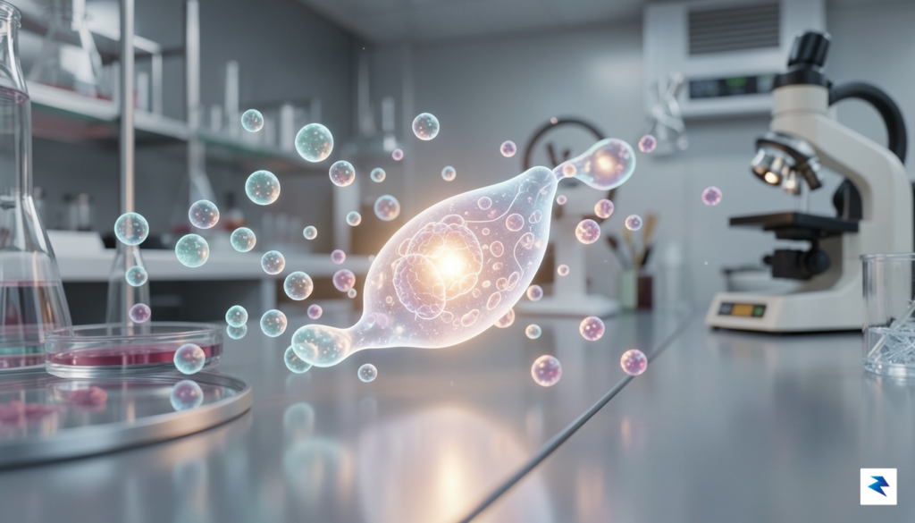 A conceptual 3D render showing a glowing, microscopic representation of…