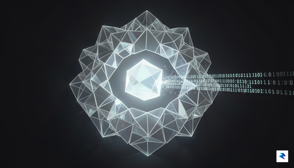 A conceptual digital artwork showing a glowing, complex geometric structure&hellip;
