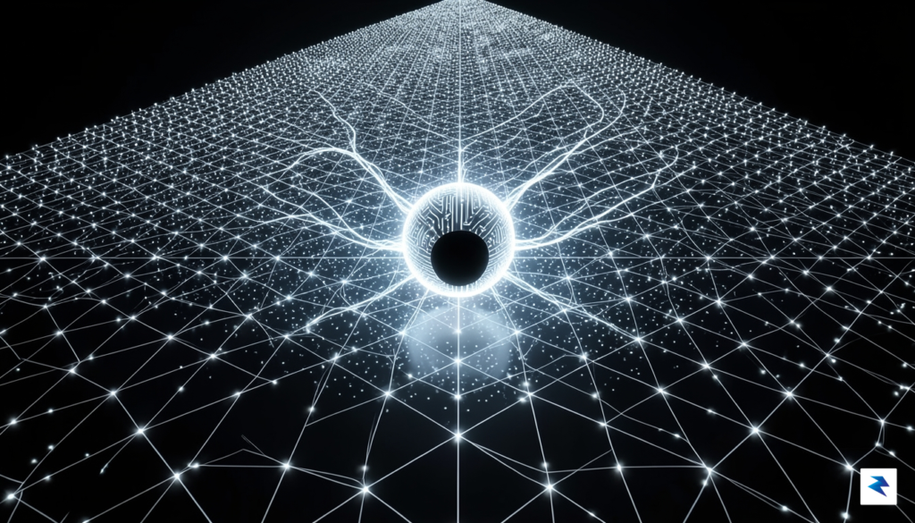 A conceptual digital visualization of a vast, glowing 3D grid&hellip;