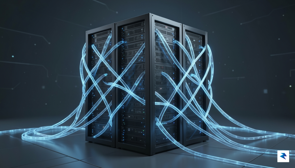A conceptual digital art piece showing a modern data center&hellip;