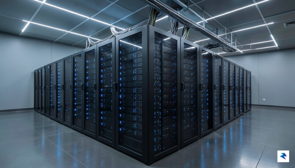 A modern, high-tech industrial data center facility showcasing rows of&hellip;