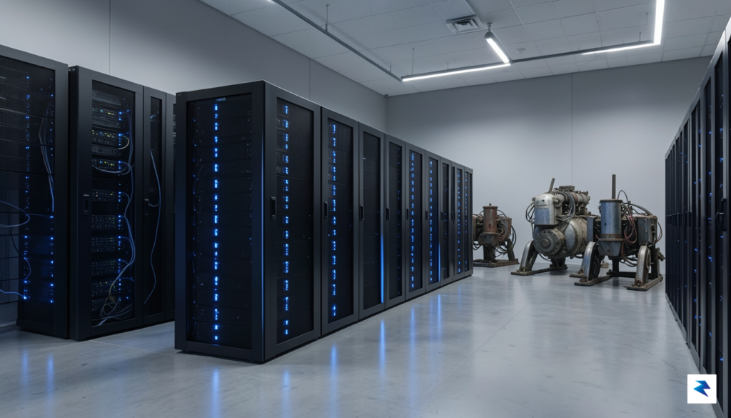 A modern, high-tech data center interior showing rows of sleek&hellip;