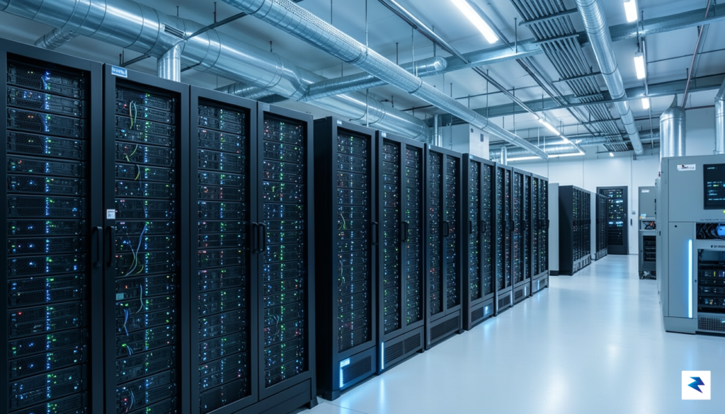 A modern, high-tech server facility interior showing rows of glowing&hellip;