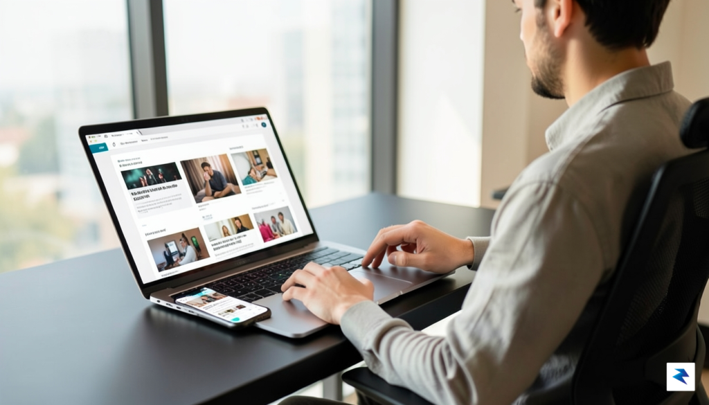 A sleek, modern digital workspace showing a creator looking at&hellip;