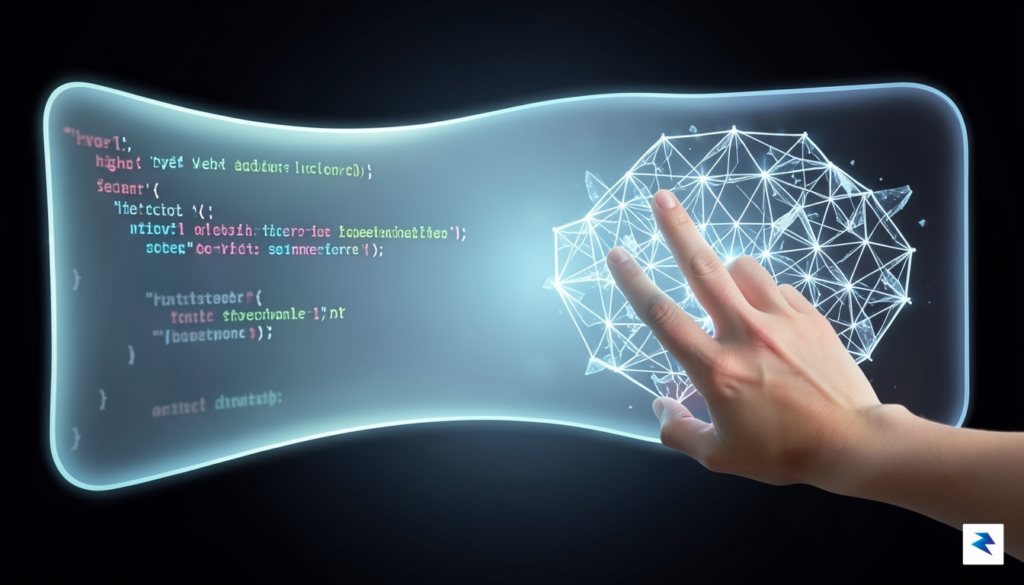 A conceptual digital illustration showing a human hand interacting with…