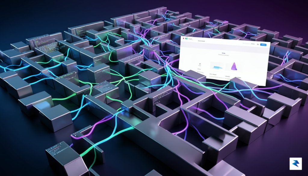 A conceptual digital illustration showing a complex maze of interconnected…