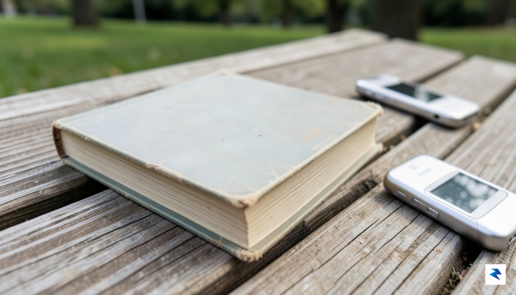 A close-up, top-down shot of a weathered paperback book resting&hellip;