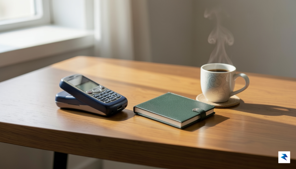 A serene, minimalist scene showing a wooden desk with a&hellip;