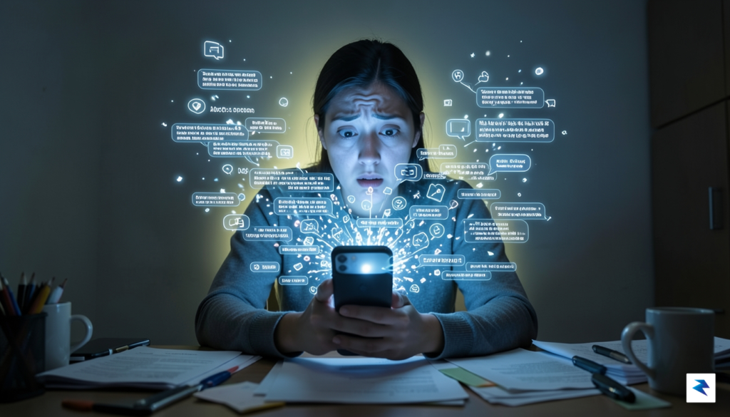 A person looking overwhelmed by a flurry of digital notifications&hellip;