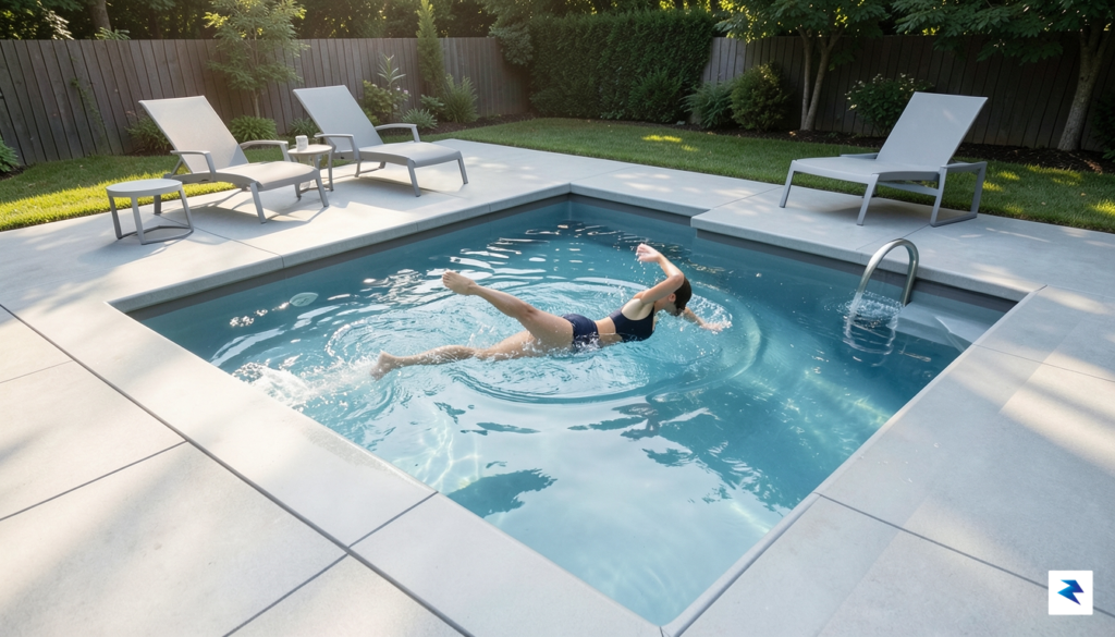 A sleek, modern backyard installation featuring a compact swimming pool&hellip;