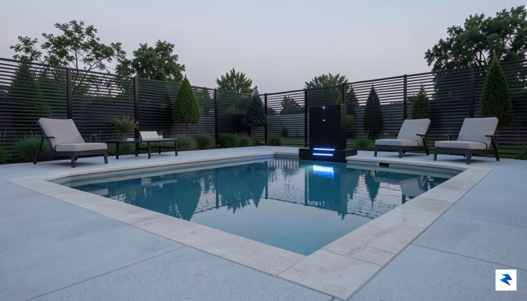 A serene, modern backyard featuring a crystal-clear pool with a&hellip;