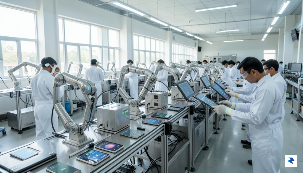 A modern, high-tech smartphone assembly line in a bright, clean…