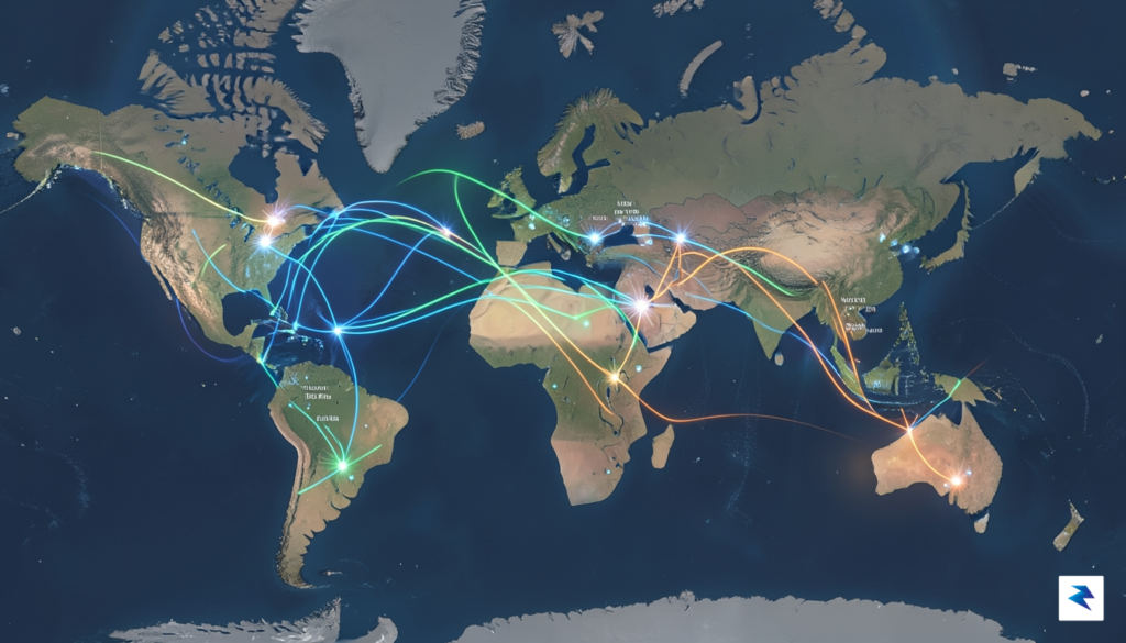 A conceptual digital illustration showing a global map where supply…