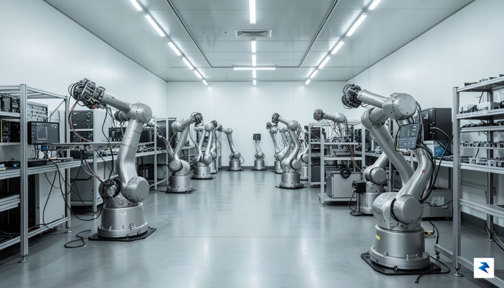 A modern, high-tech electronics manufacturing facility in India showing robotic…