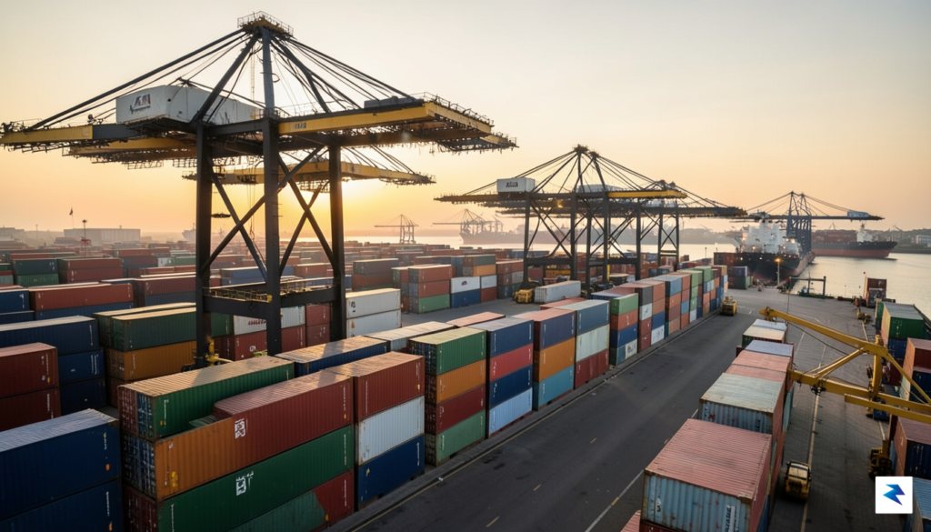 A wide-angle, high-resolution shot of a modern, busy container port…