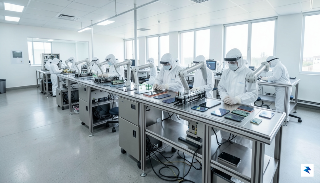 A wide-angle, high-resolution photograph capturing a modern, sterile electronics assembly…