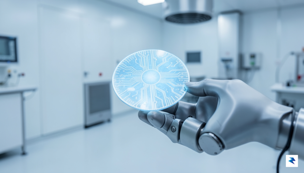 A clean, futuristic close-up shot of a glowing, etched silicon…