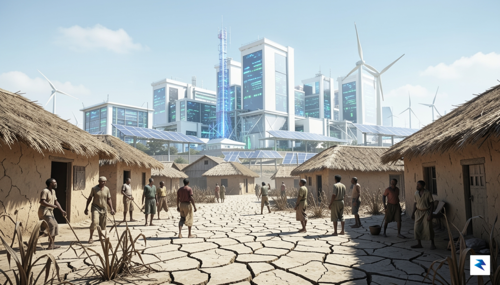 A wide-angle digital illustration showing a futuristic, glowing data center&hellip;