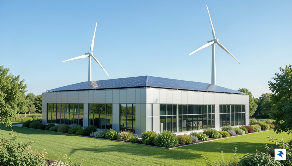 A modern, sleek data center facility with solar panels on&hellip;