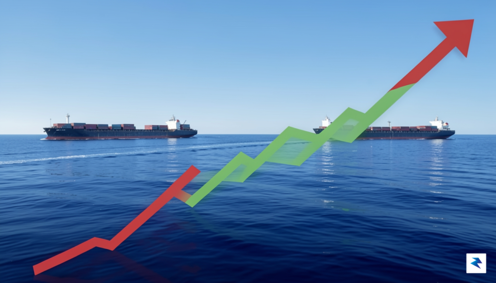 A digital illustration showing a calm, blue ocean shipping lane&hellip;