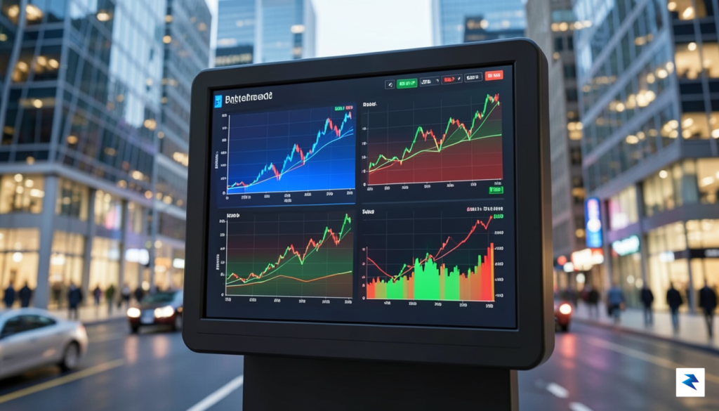 A modern, high-tech digital display showing various stock market graphs&hellip;