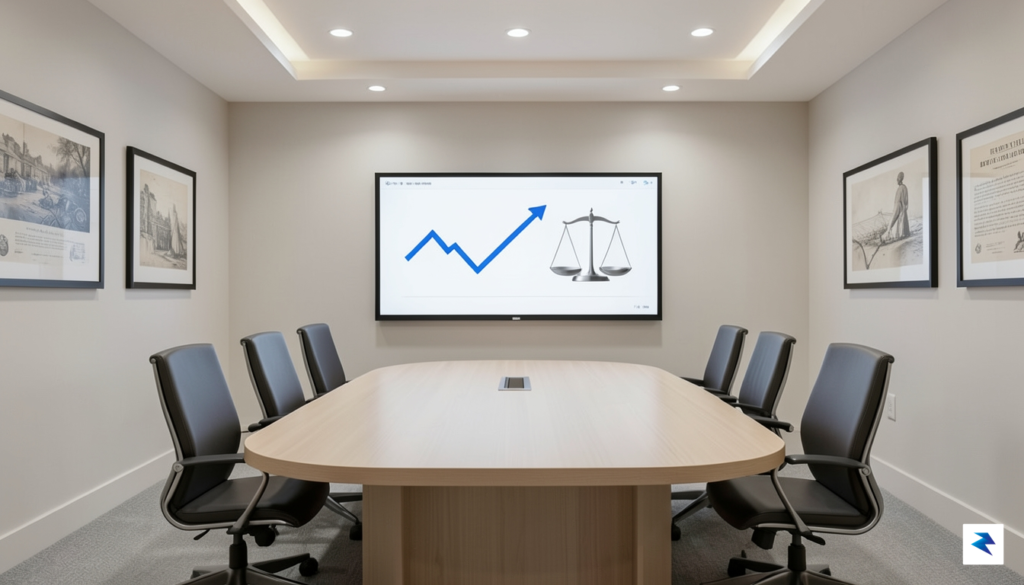A professional, minimalist visualization of a Federal Reserve meeting room&hellip;