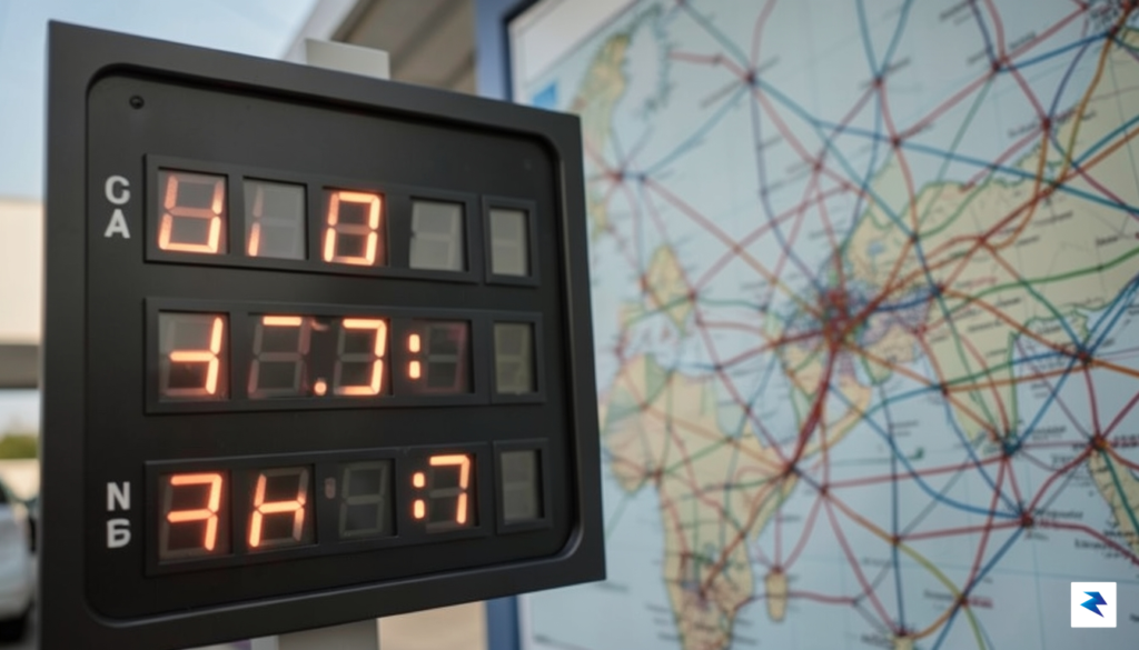 A close-up shot of a gas station price board showing…