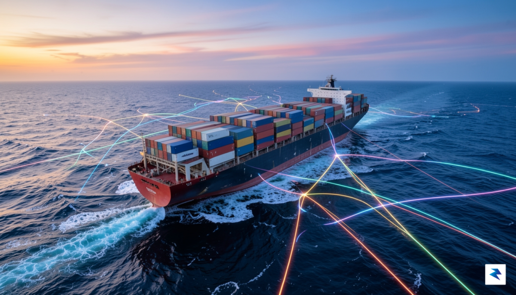 A wide-angle aerial view of a massive container ship navigating…