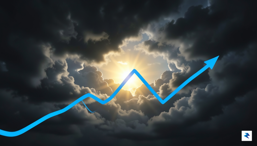A conceptual digital illustration showing a steady graph line navigating…