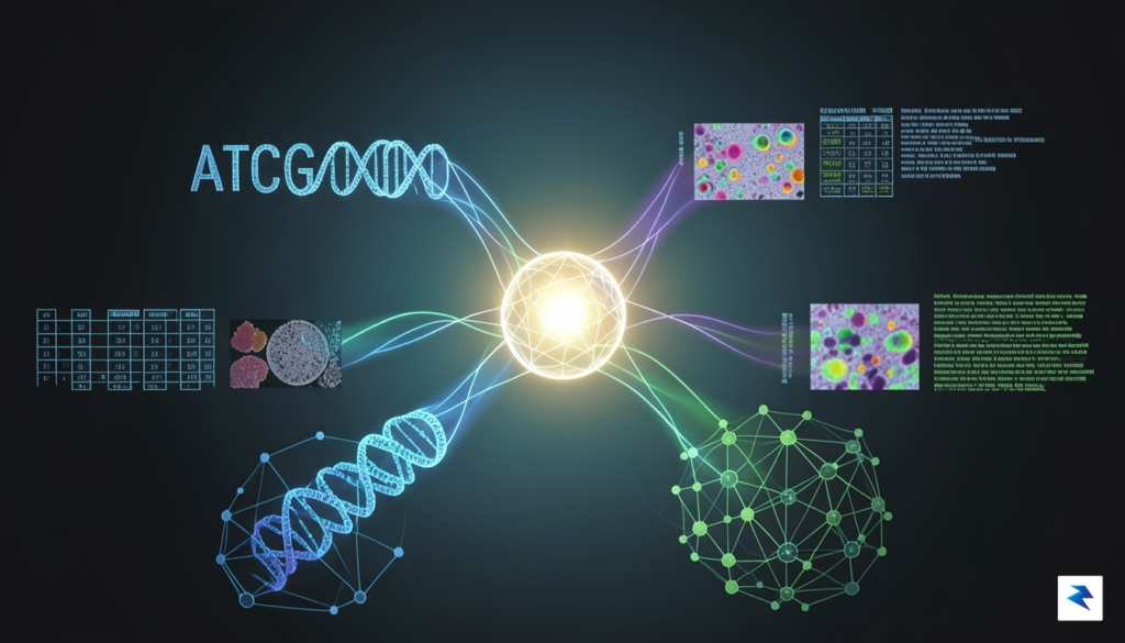 An abstract representation of diverse data types (genomic sequences, spreadsheets,…