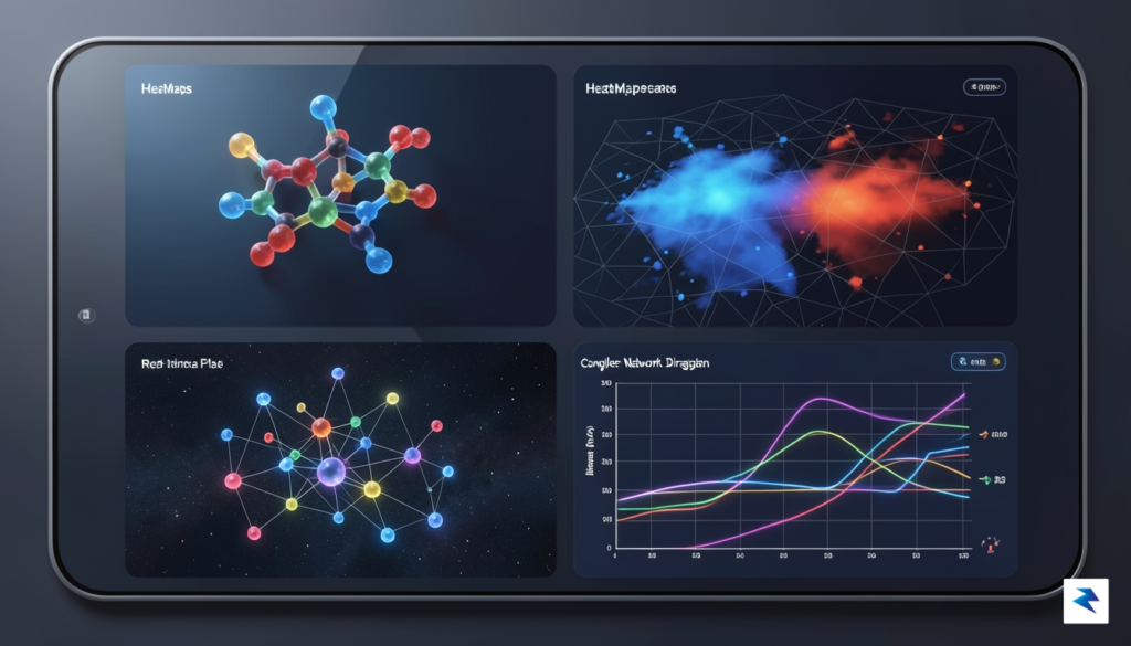 A sleek, futuristic user interface displaying various scientific visualizations: 3D…