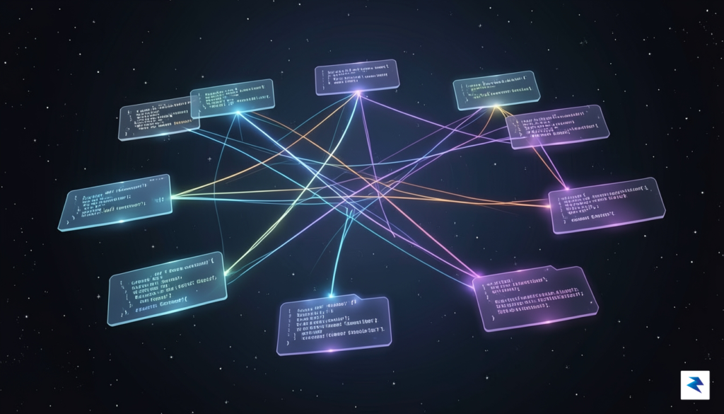 A conceptual data visualization showing a network of interconnected code…