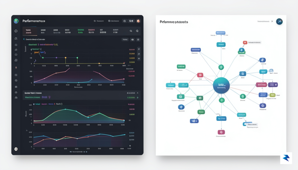 A sleek, professional dashboard visualization showing a split-screen view of…