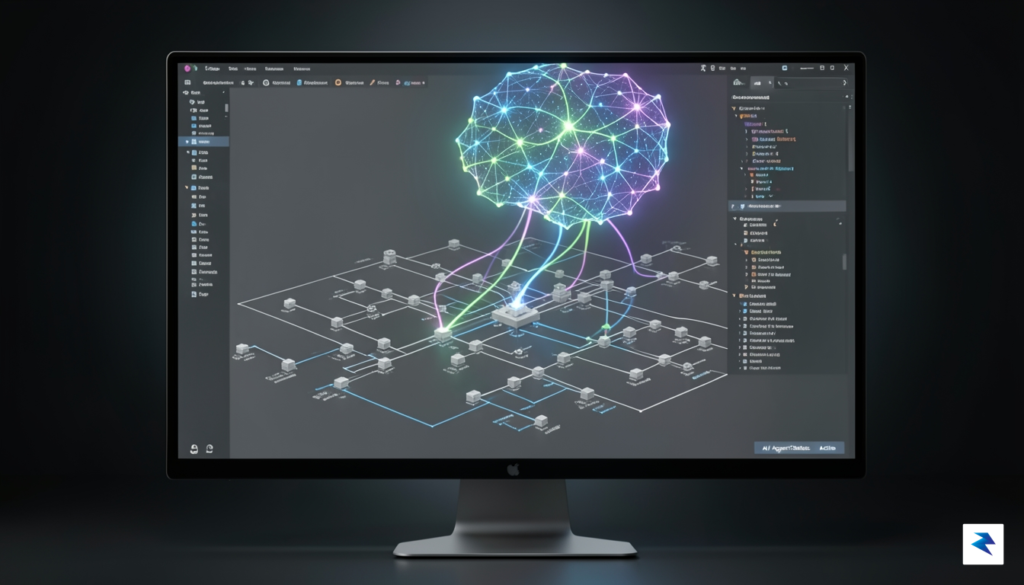 A futuristic digital workspace showing a glowing holographic neural network…
