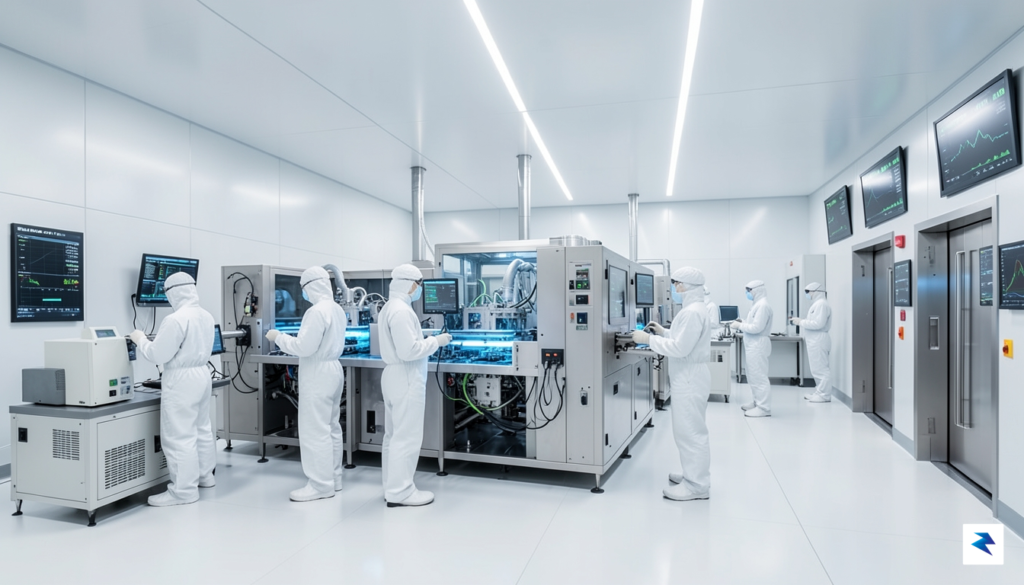 A modern, high-tech semiconductor cleanroom facility in China with technicians&hellip;