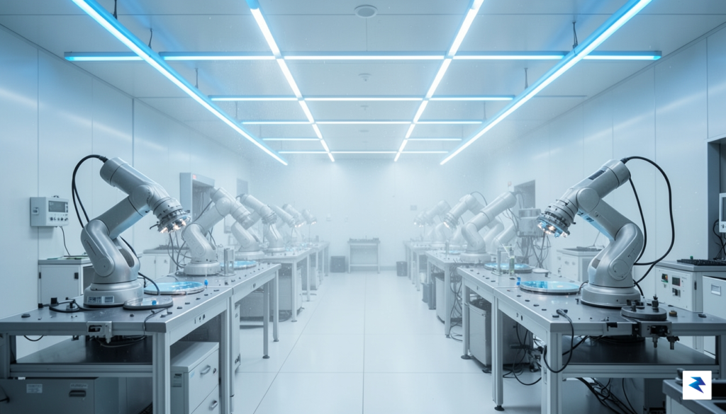 A modern, high-tech semiconductor fabrication facility interior with glowing blue&hellip;