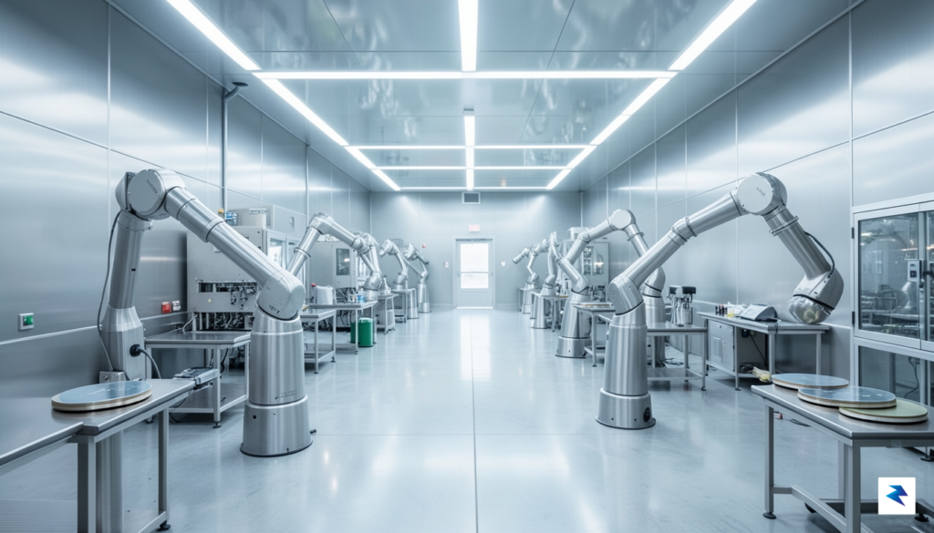 A modern, high-tech semiconductor fabrication facility with cleanroom lighting, showing&hellip;